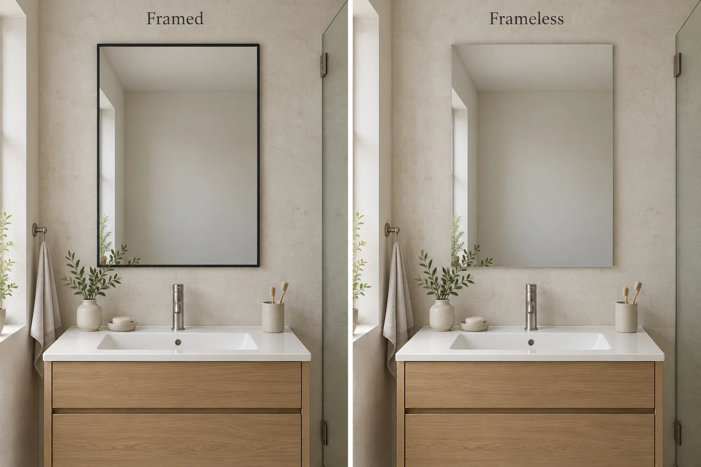 Framed and frameless rectangular mirrors compared in the same compact bathroom with matching vanity, lighting and outside dimensions