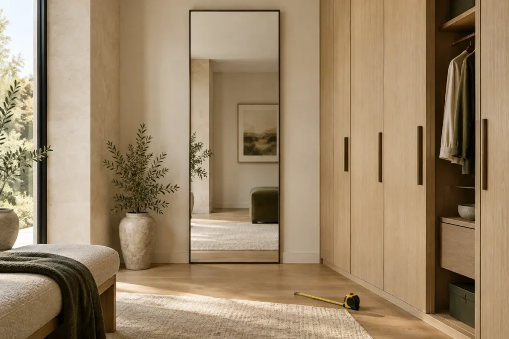 Concept dressing area with a full-length mirror and measuring tape