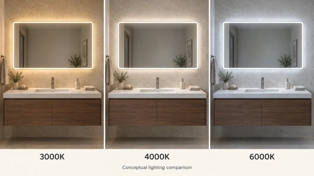 Conceptual bathroom triptych comparing warmer, intermediate and cooler LED mirror light, labeled 3000K, 4000K and 6000K.