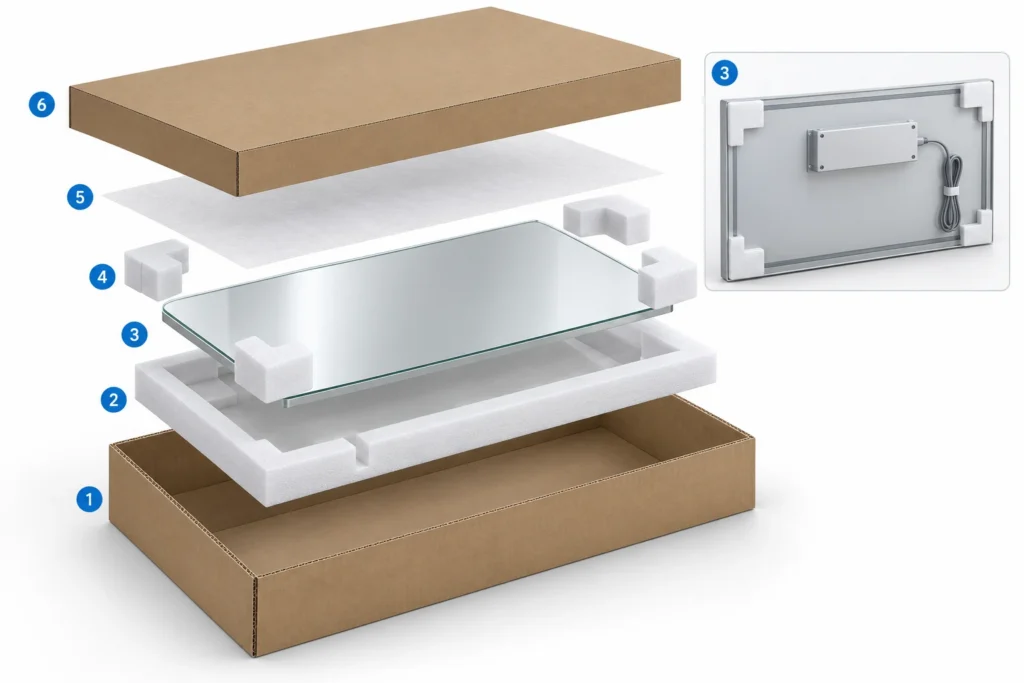3D exploded concept showing an LED mirror, cushioning, corner guards, face separator and outer carton, with a rear-component inset