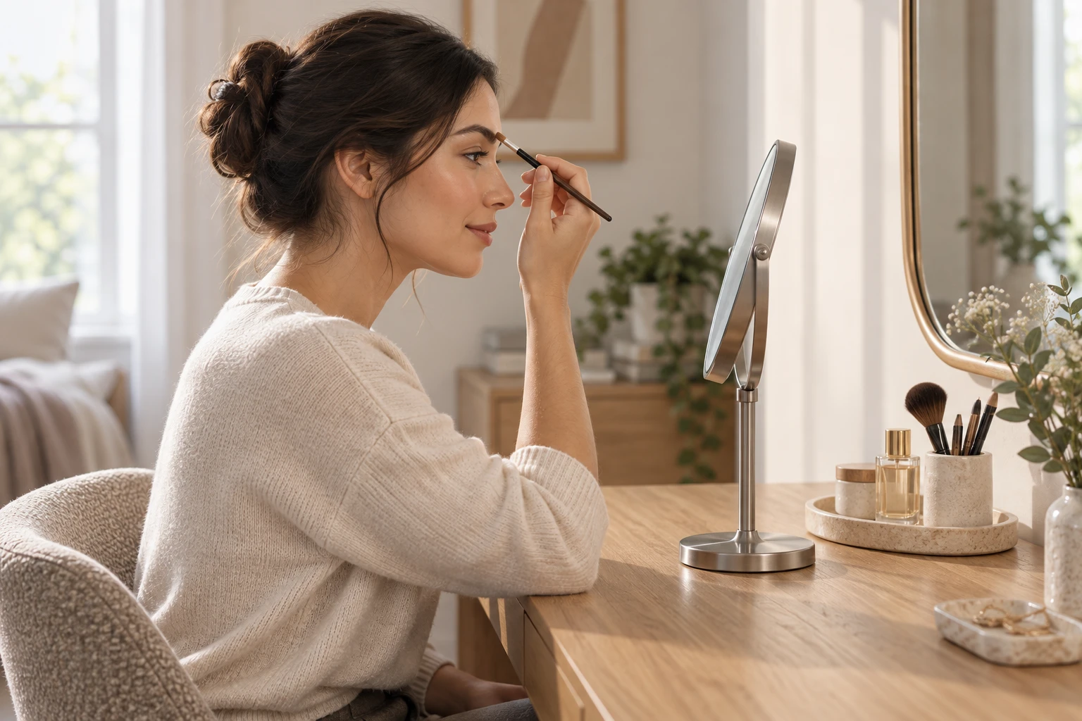 Side-view 3D concept showing a seated makeup position and space for a hand and brow brush