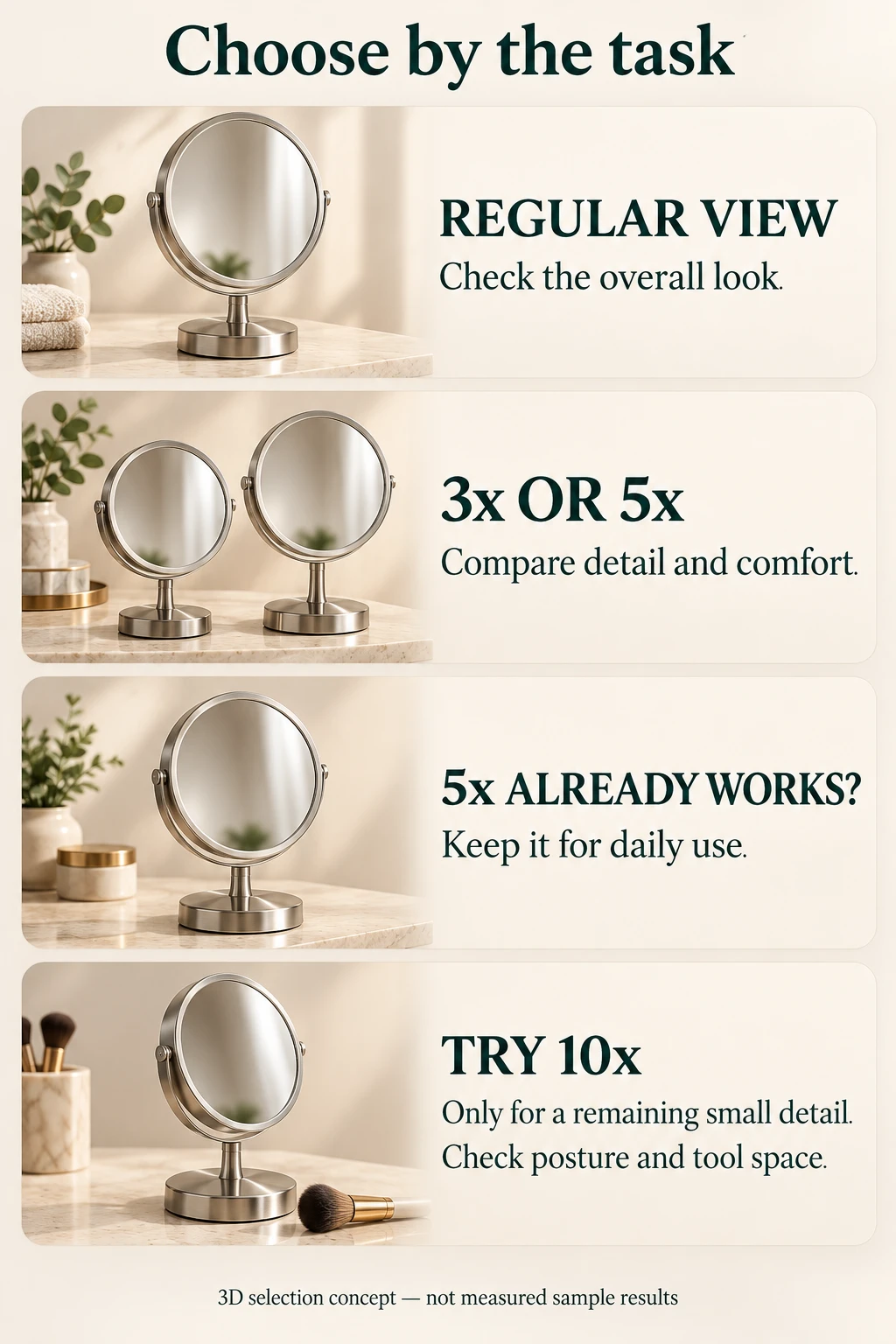 3D mirror selection guide: use a regular view for the overall look, compare 3x and 5x for detail, keep 5x when sufficient, and try 10x for a remaining small detail