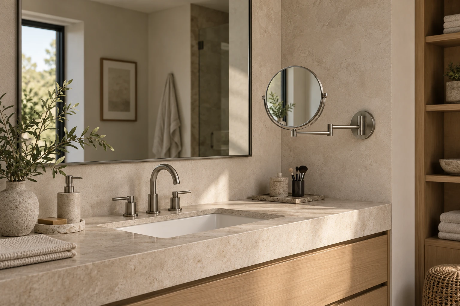 3D bathroom layout concept pairing a regular wall mirror with an adjustable round makeup mirror