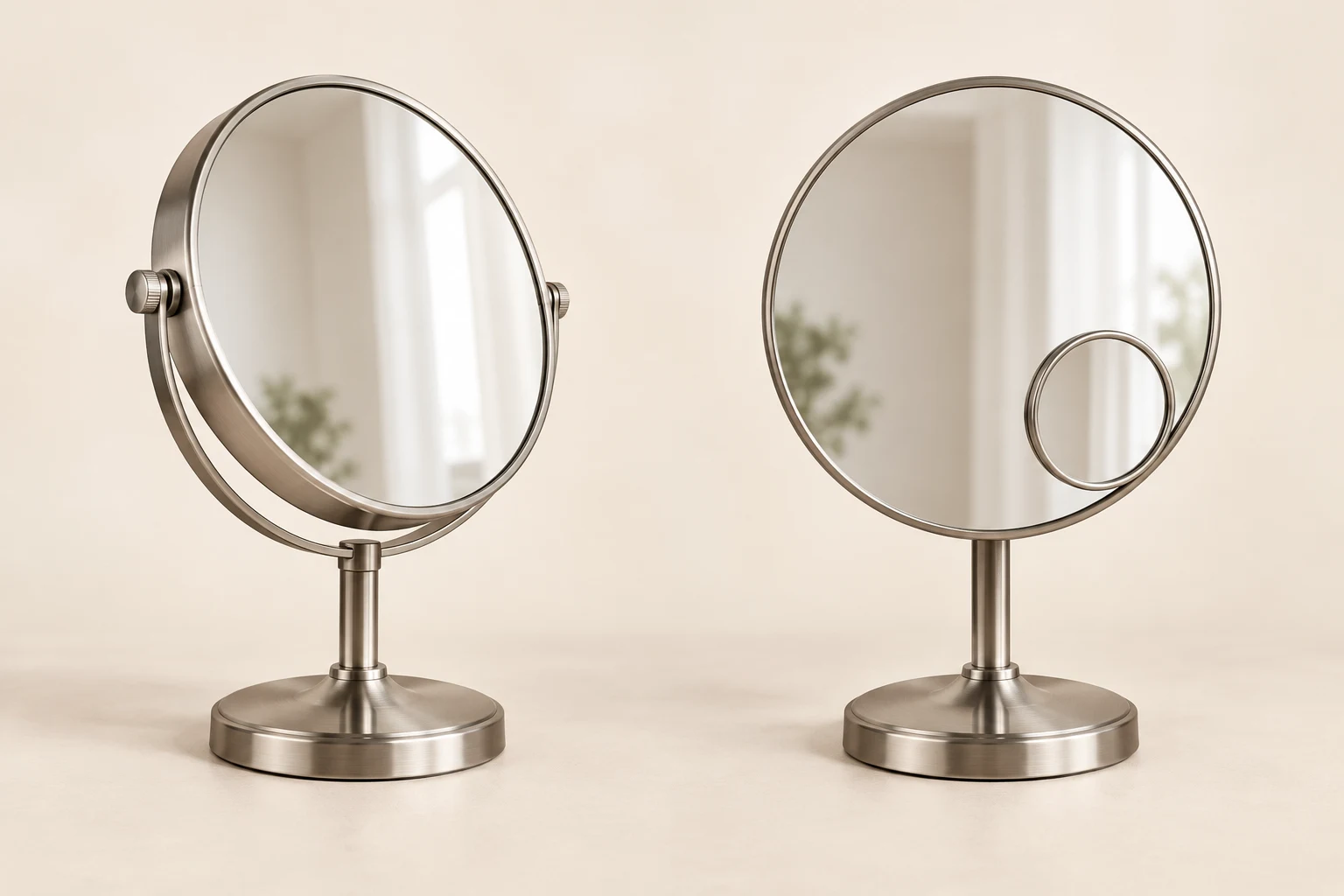3D concepts showing a rotating round mirror head on the left and a smaller circular viewing area within a larger mirror on the right