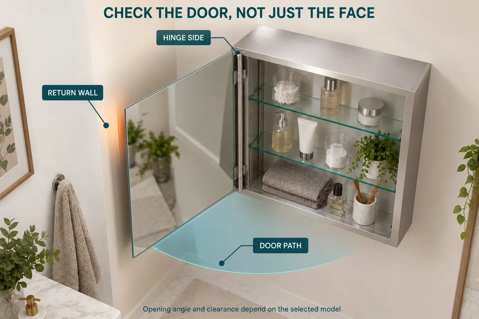 3D cabinet cutaway showing the hinge side, swept door path and an adjacent return wall