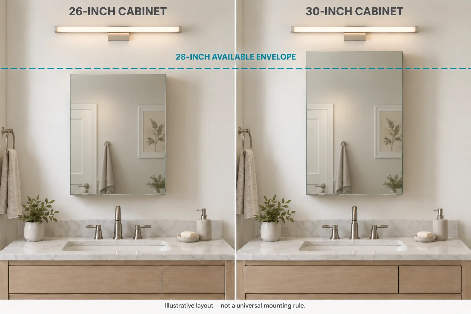 3D comparison of 26- and 30-inch cabinet heights against a hypothetical 28-inch vertical envelope