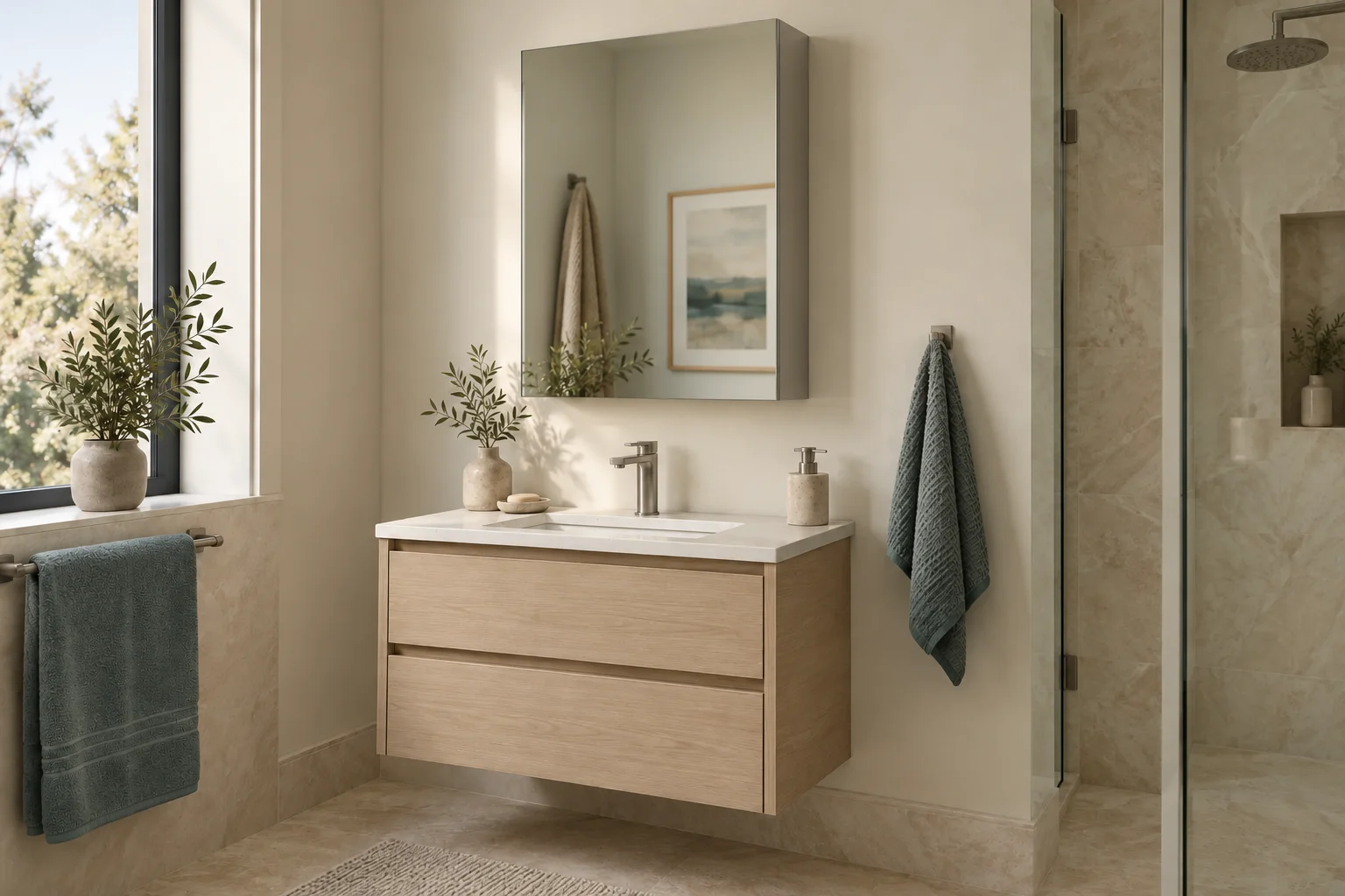 3D bathroom concept with a single-door mirrored storage cabinet above a compact oak vanity