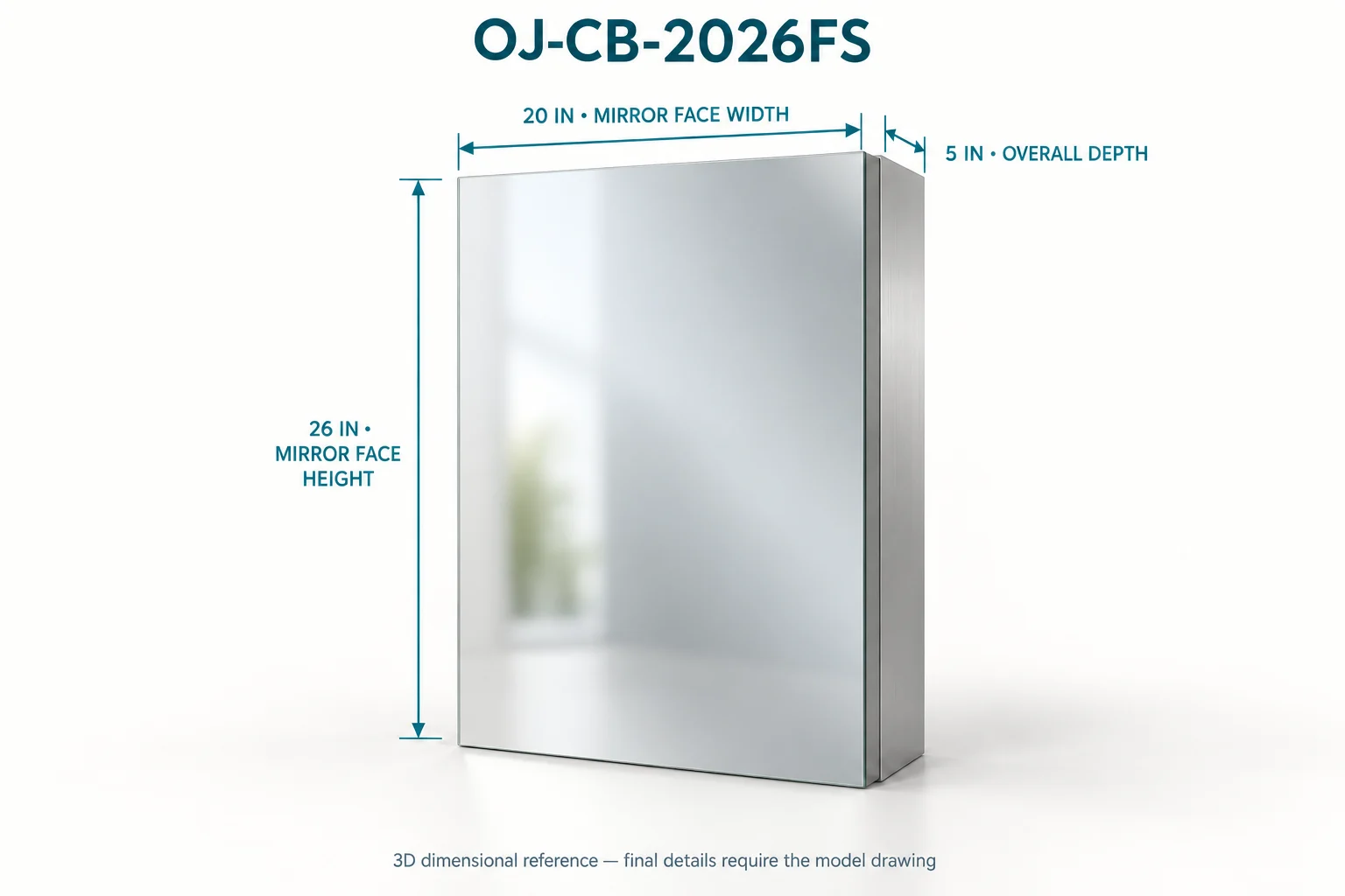 3D dimensional reference for OJ-CB-2026FS showing 20-inch face width, 26-inch face height and 5-inch overall depth