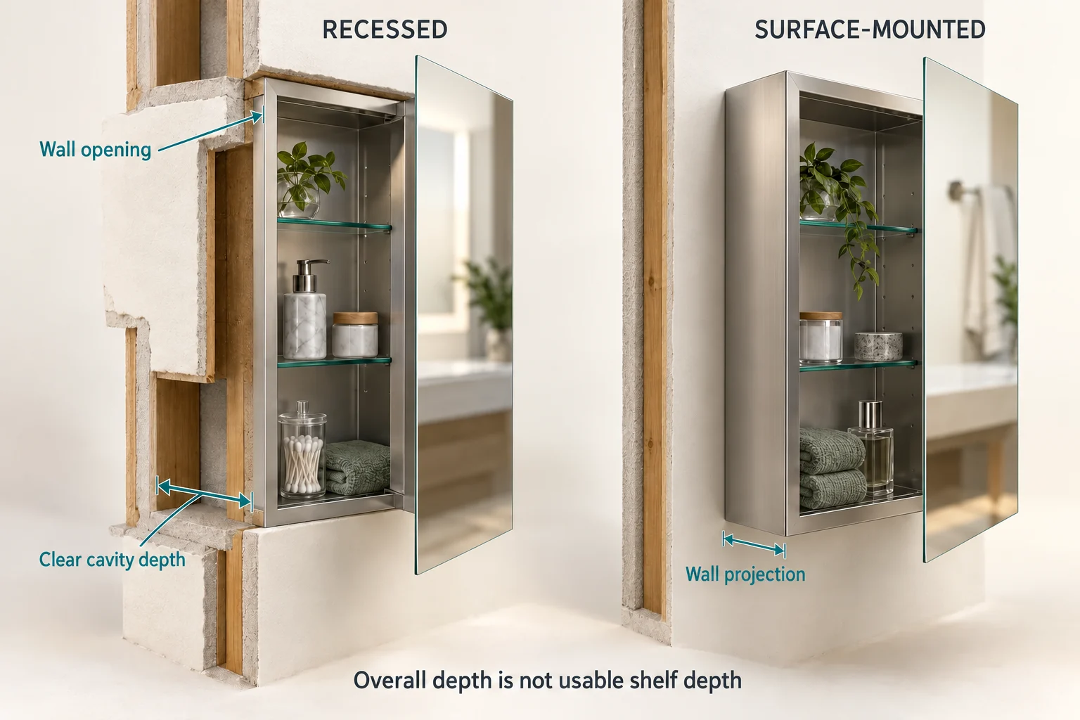 3D wall cutaways comparing a recessed cabinet body with a surface-mounted cabinet projecting in front of the wall