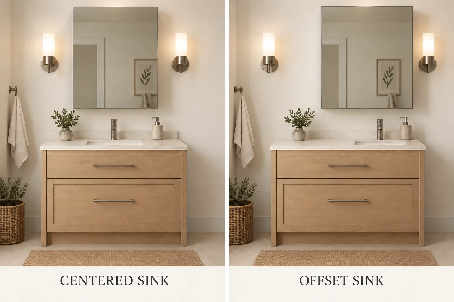 3D bathroom concepts comparing centered and offset sink layouts