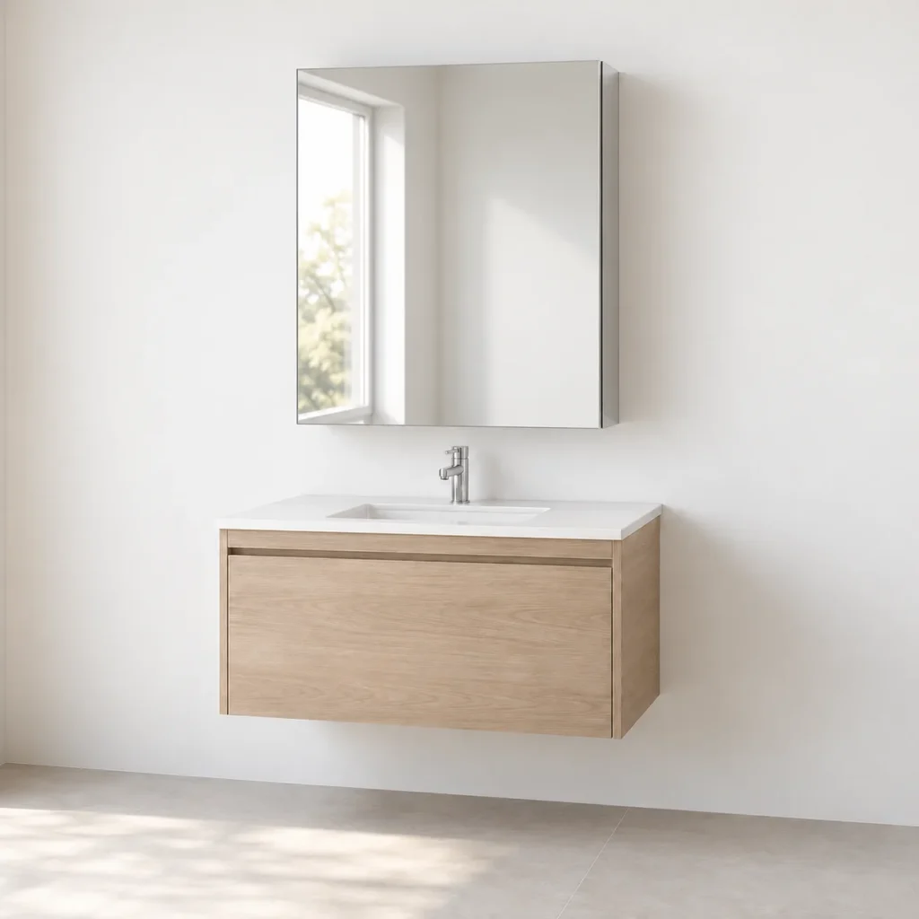 3D concept of a single-door mirrored medicine cabinet above a compact oak vanity