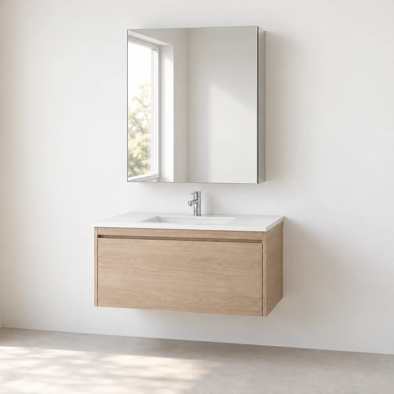 3D concept of a single-door mirrored medicine cabinet above a compact oak vanity
