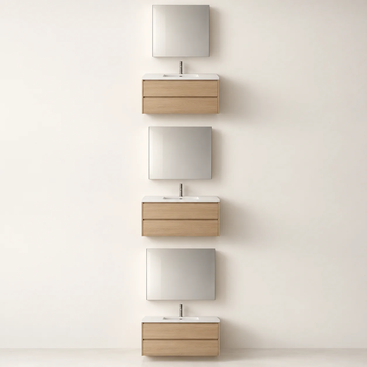 Three vertically arranged 3D vanity scenes comparing narrower and wider centered medicine cabinet faces