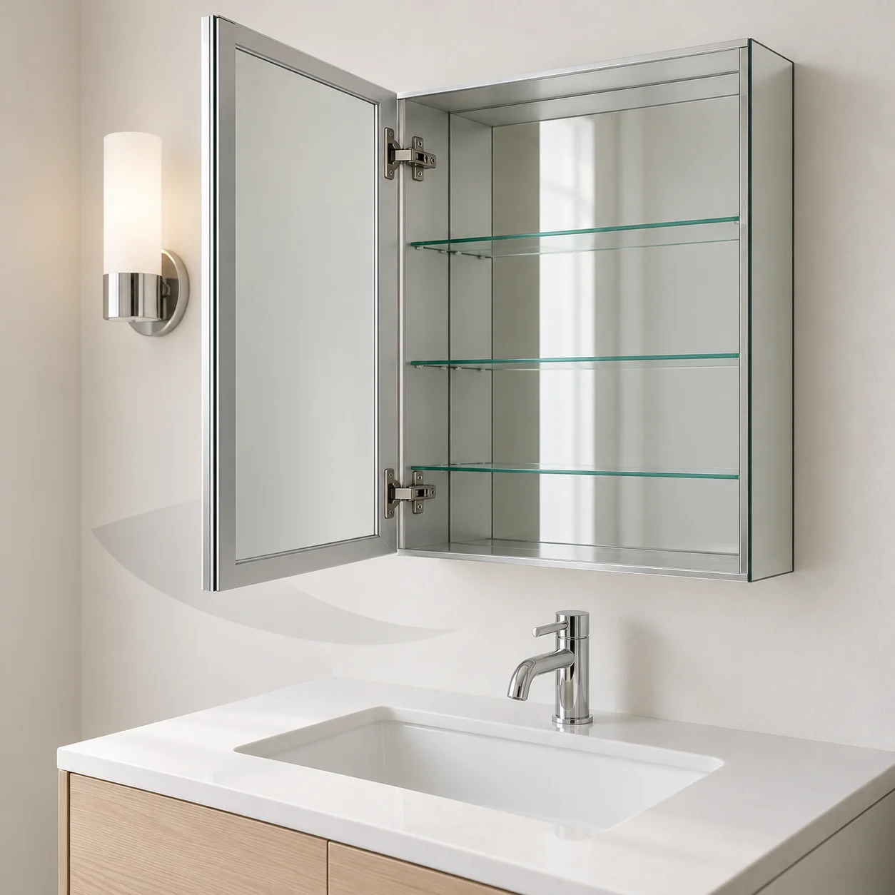 3D concept showing an open medicine cabinet door, left-side sconce and a subtle door-sweep area