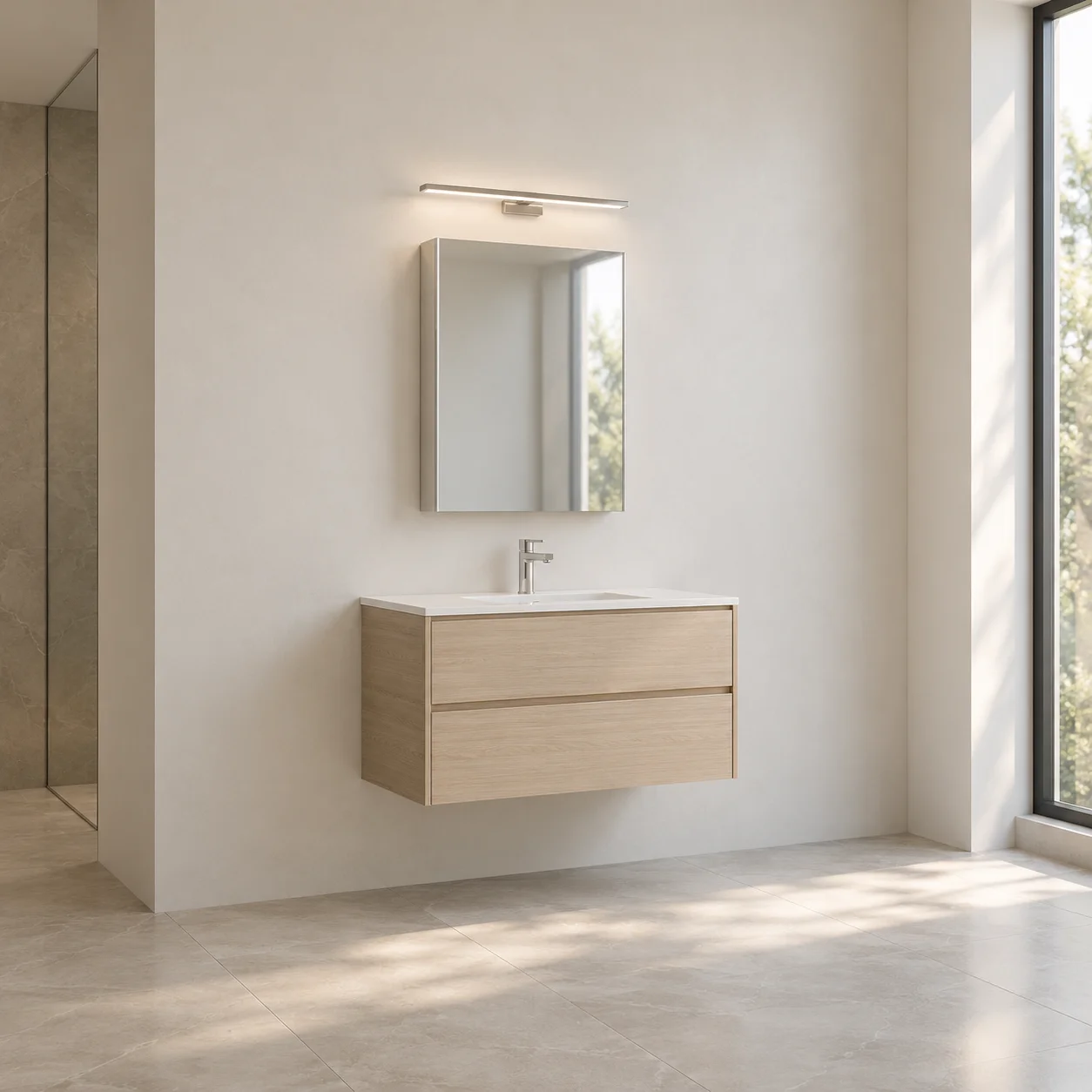 Full-height 3D bathroom concept showing the floor, vanity, medicine cabinet and overhead light