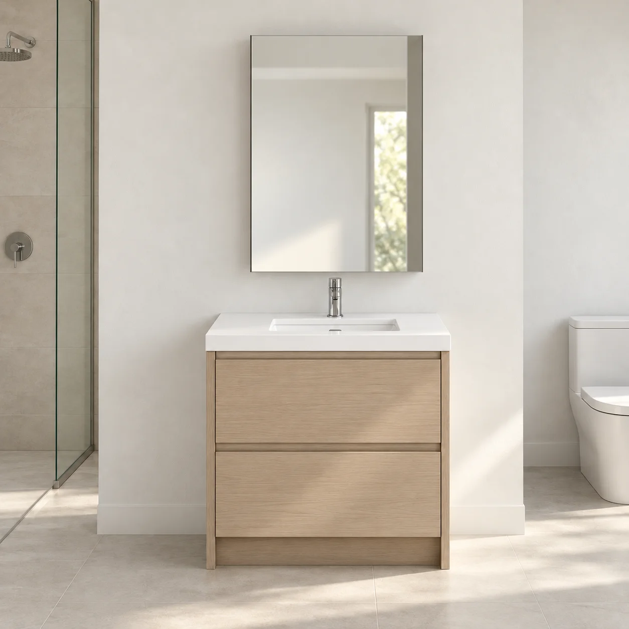 3D concept of an off-center basin with its medicine cabinet aligned above it rather than centered over the vanity