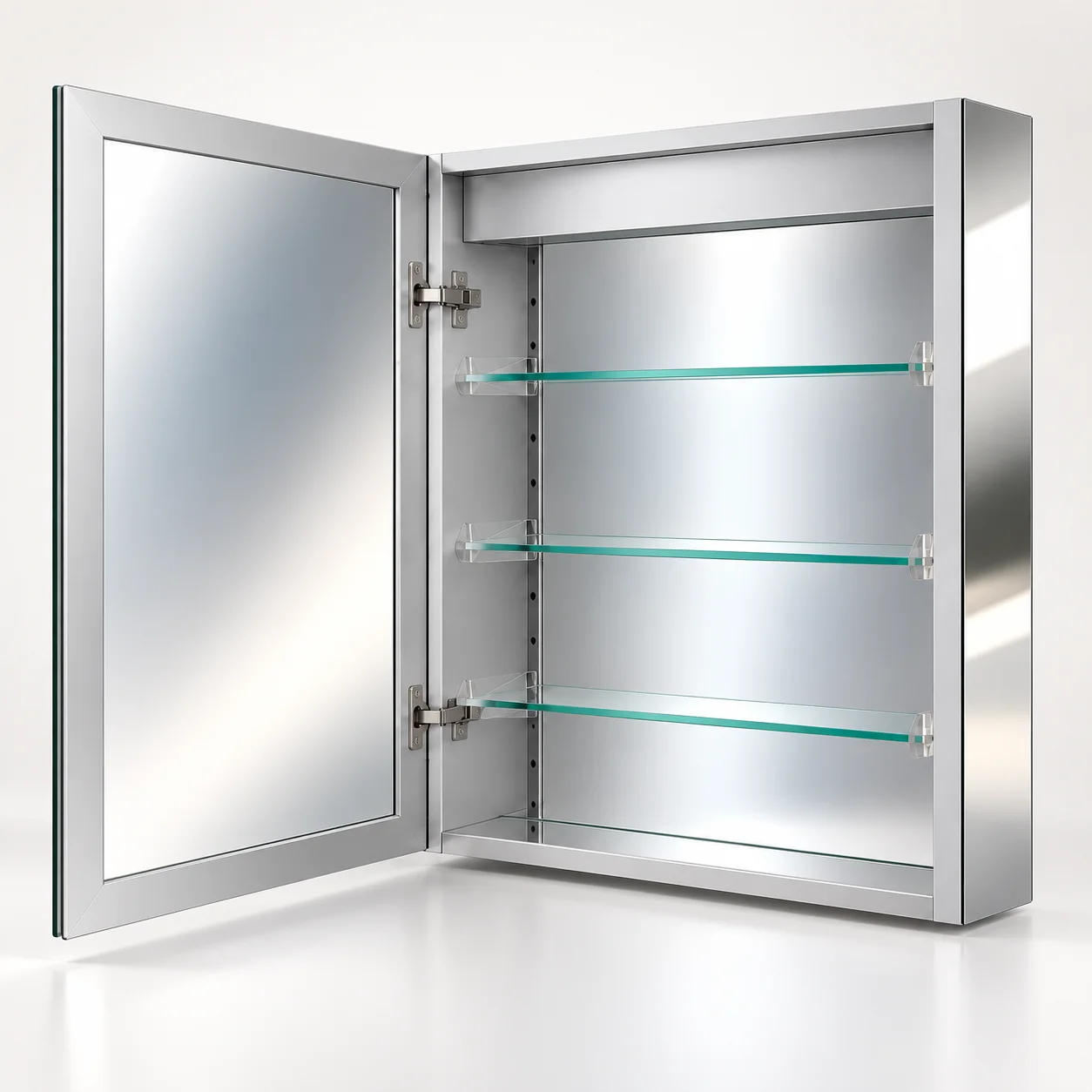3D structural concept of an open single-door mirror cabinet with three glass shelves and mirrored side panels
