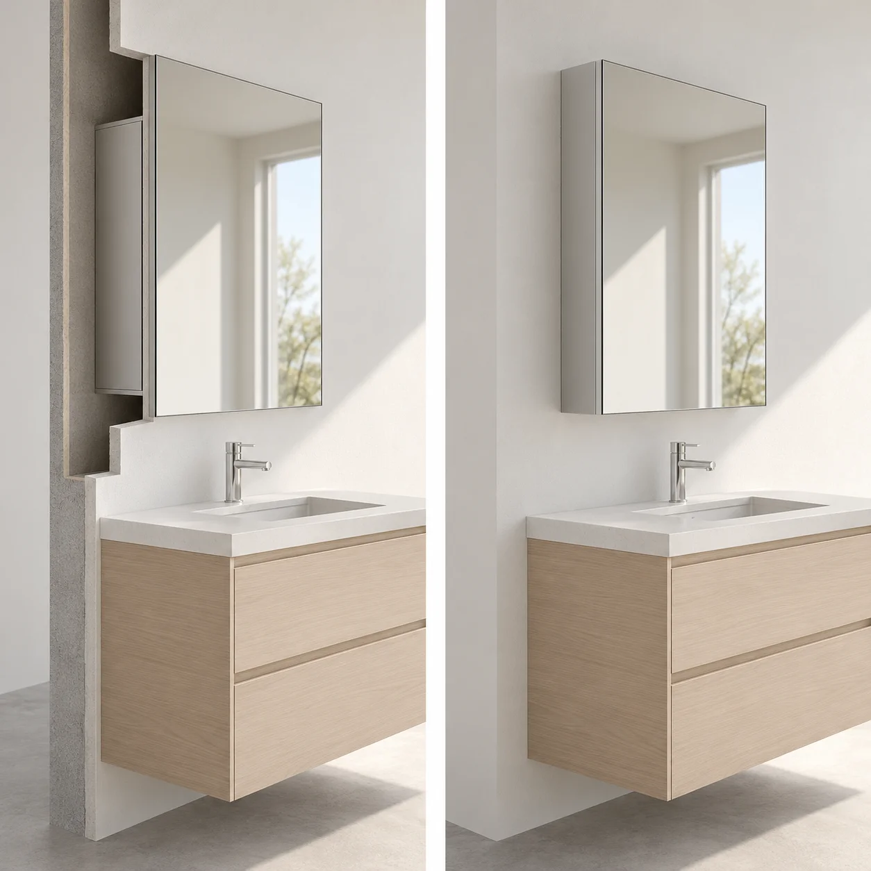 Two 3D wall-section concepts contrasting a cabinet recessed into a cavity with one mounted in front of an intact wall