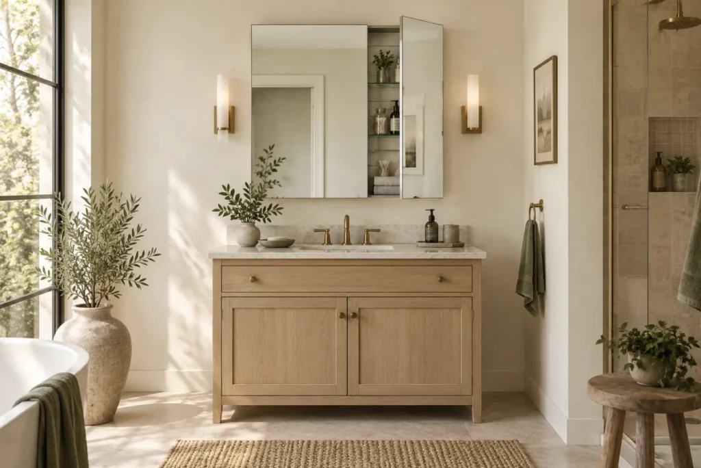 Concept bathroom showing a mirrored medicine cabinet above a wider vanity