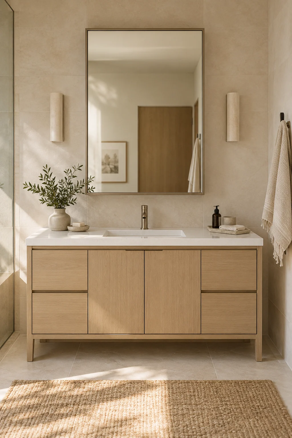 AI concept of one centered basin with a cabinet aligned above it