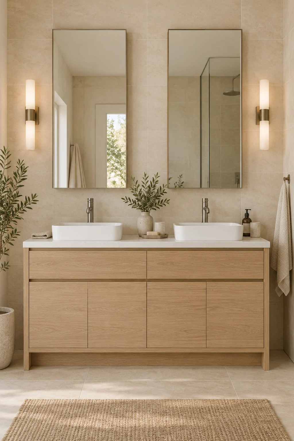 AI concept of two compact basins with separate cabinets above them