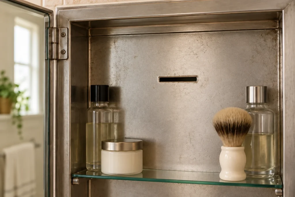 Illustrative close-up of a vintage-style medicine cabinet with a horizontal razor blade disposal slot in its back panel