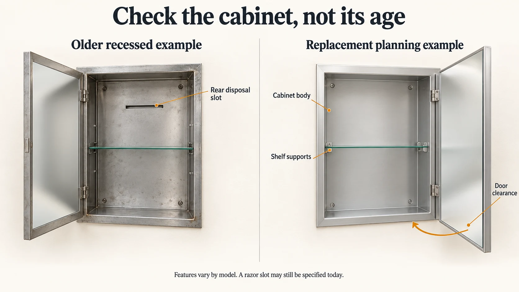 3D comparison of a vintage-style cabinet with a rear slit and a generic replacement cabinet showing body, shelf supports and door clearance