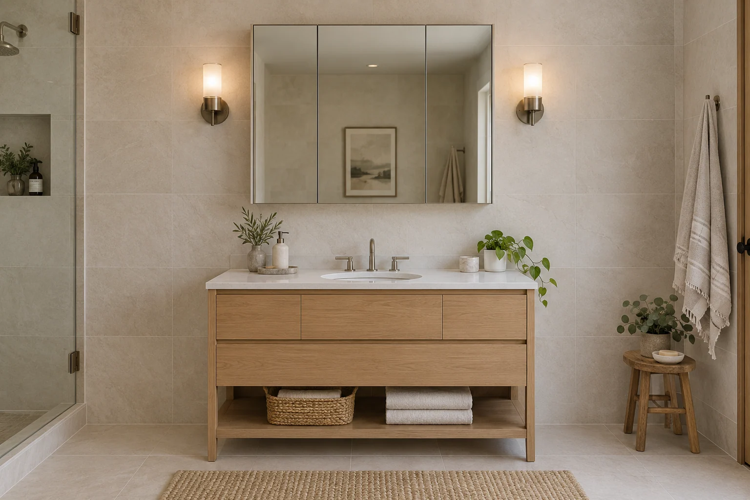 AI concept bathroom scene showing a mirrored cabinet, centered basin, wall lights, and nearby wall features to measure