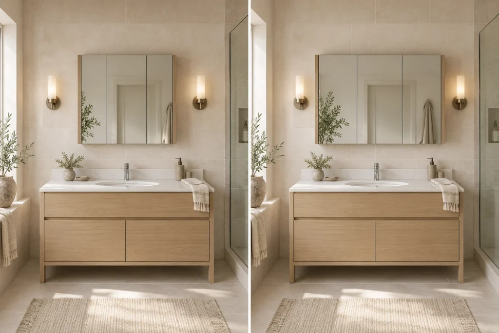 Concept scenes comparing narrower and wider mirrored cabinets over a centered single-sink vanity