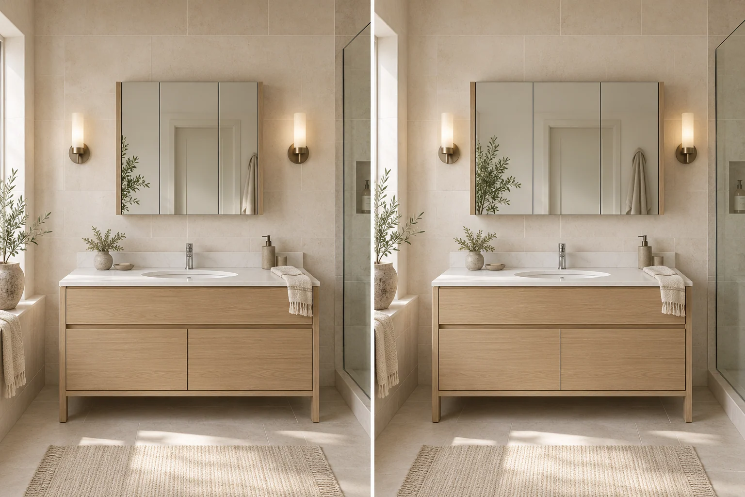 Concept scenes comparing a narrower and wider mirrored cabinet over the same centered single-sink vanity