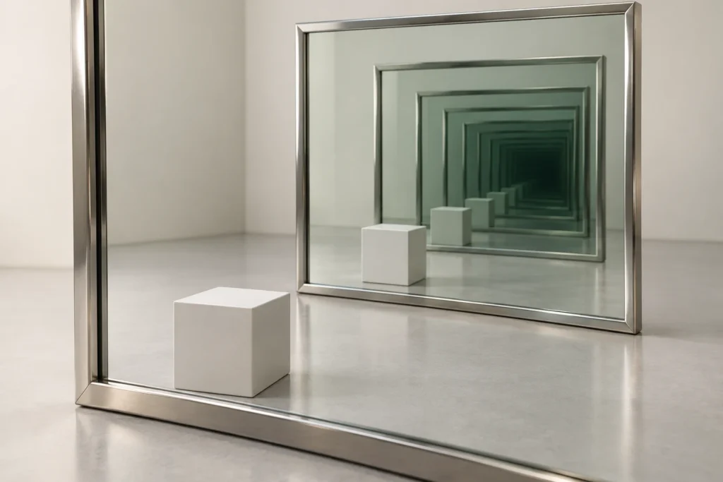 3D concept of two facing mirrors, with repeated reflections becoming darker and greener in the distance.