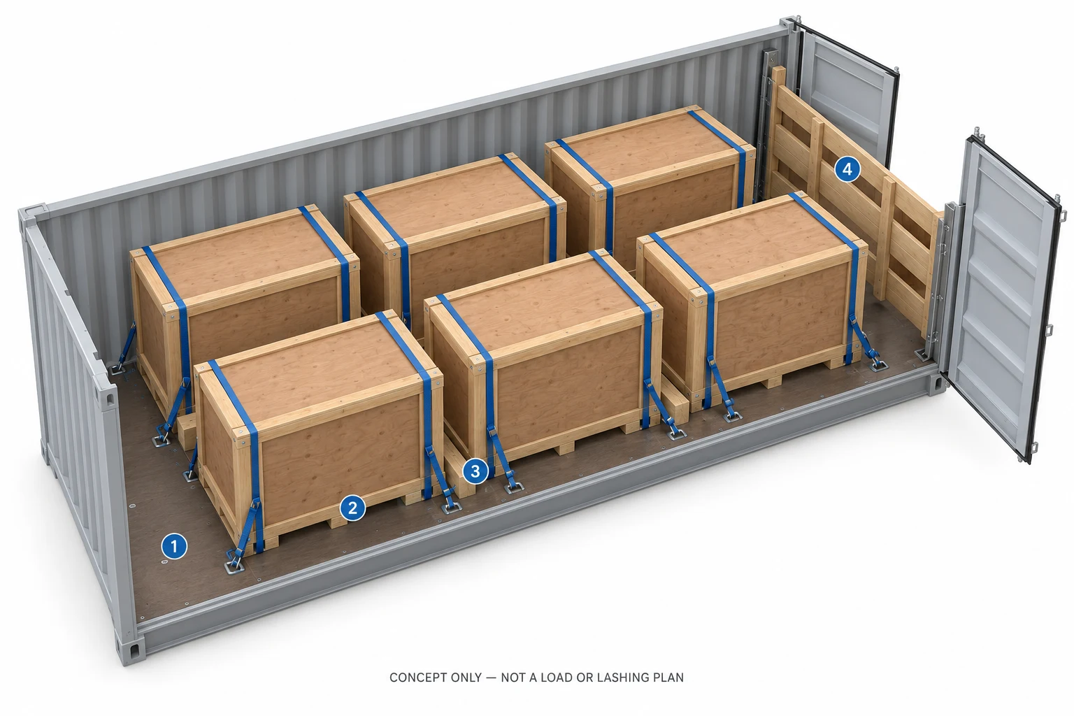 Overhead cutaway diagram of supported mirror crates inside a container with protected restraint contacts and a door-end barrier