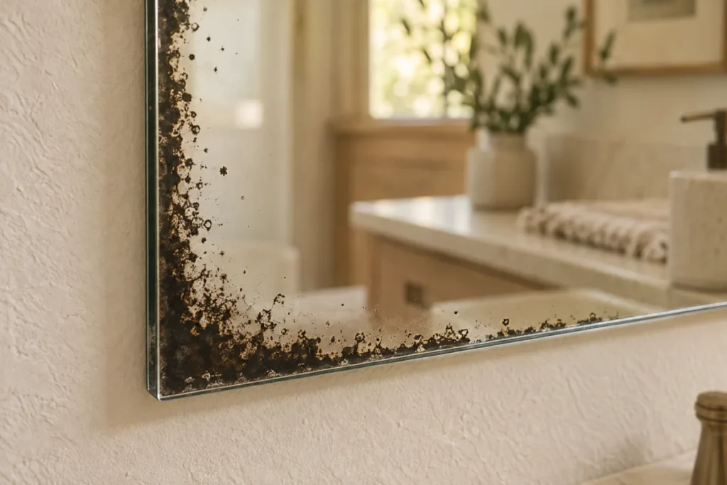 Concept close-up illustrating dark desilvering along a mirror edge