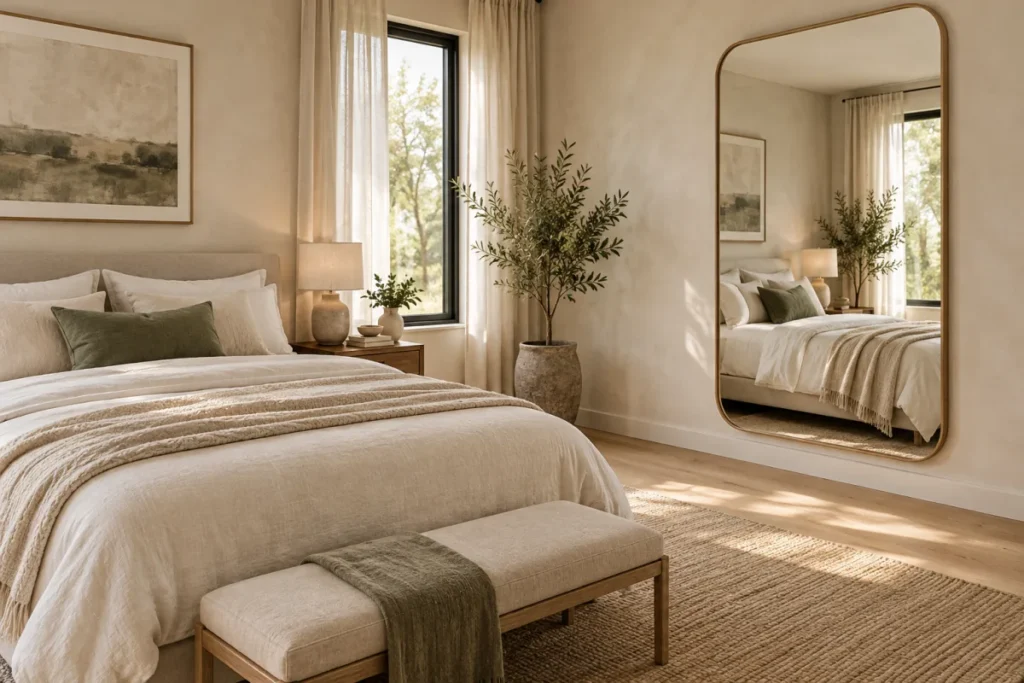 Concept bedroom with a wall mirror reflecting the bed
