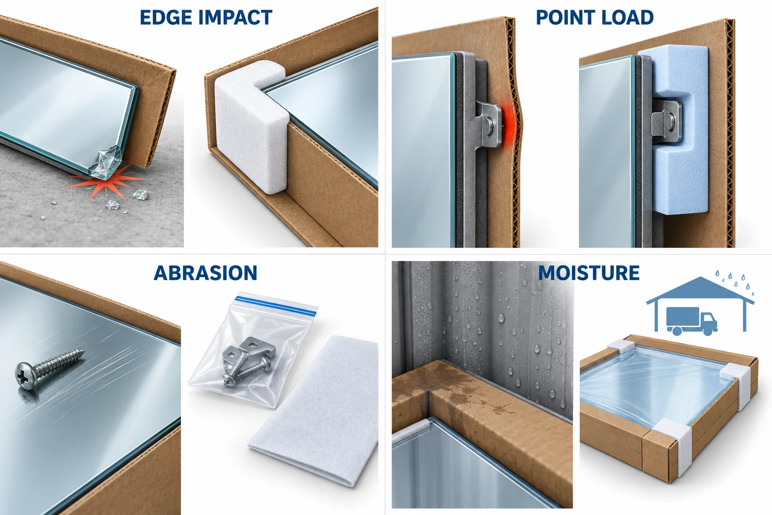 Packaging diagrams of edge impact, rear point loading, abrasion and moisture risks with corresponding protection details