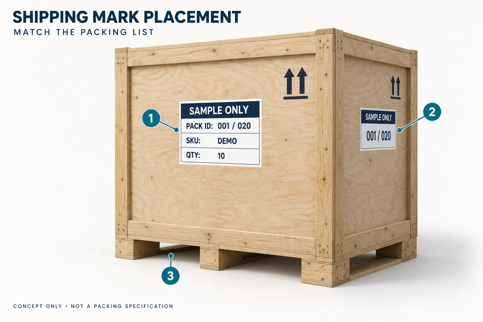 Mirror export crate diagram showing identification labels on two visible faces and unobstructed lifting entries