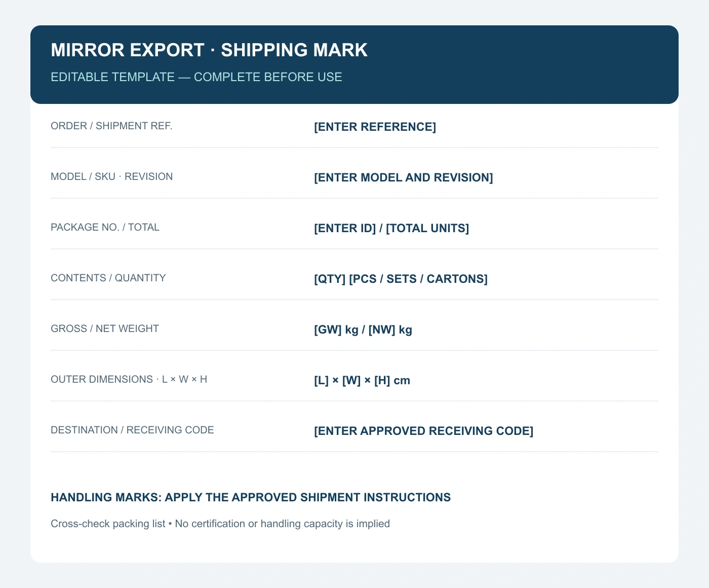 Editable shipping-mark design with fields for reference, item, unit number, contents, dimensions and weight