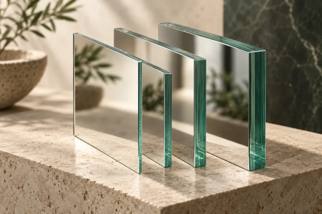 Concept illustration of mirror glass samples with different edge thicknesses