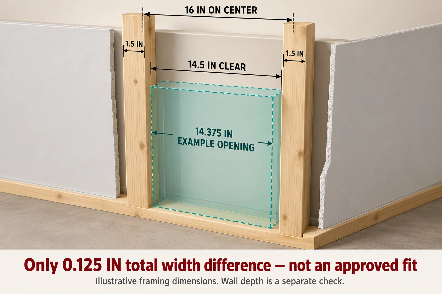 3D framing cutaway comparing 16-inch stud centers, a 14.5-inch clear bay and a 14.375-inch illustrative opening