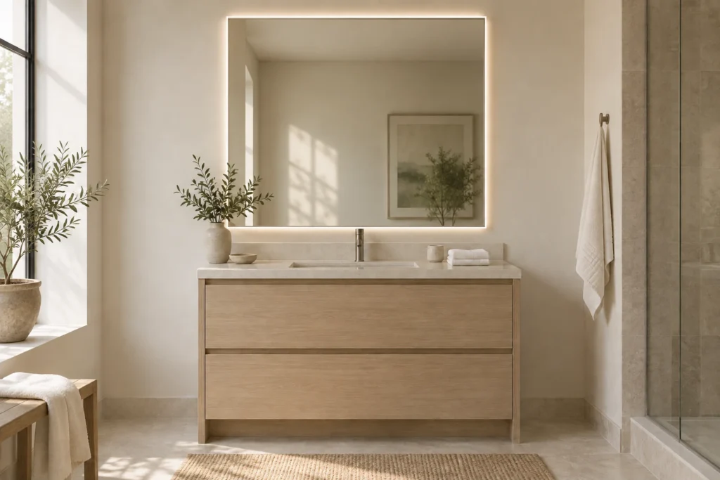 Conceptual bathroom showing a rectangular illuminated mirror above a warm oak vanity