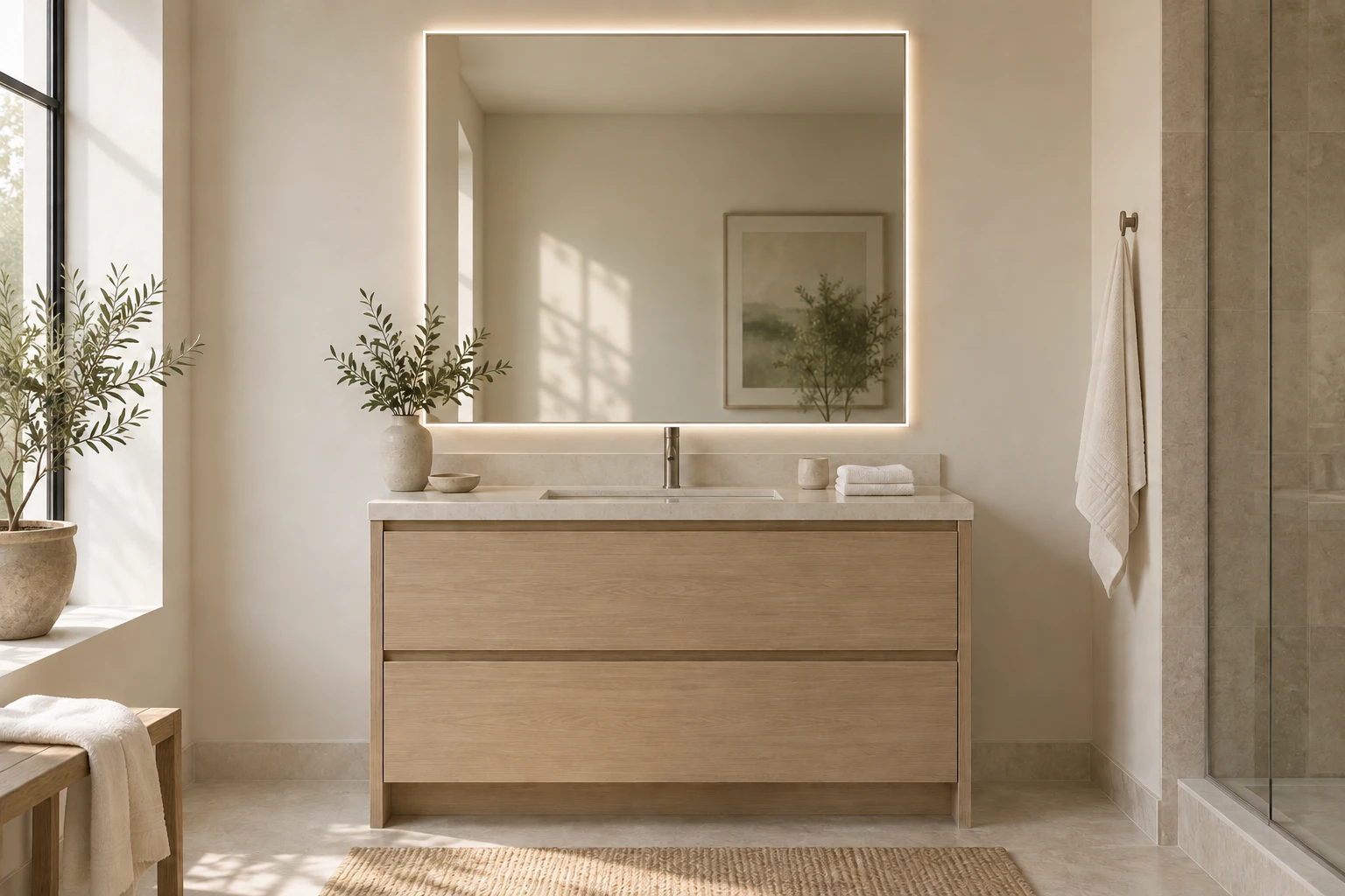 Conceptual bathroom showing a rectangular illuminated mirror above a warm oak vanity