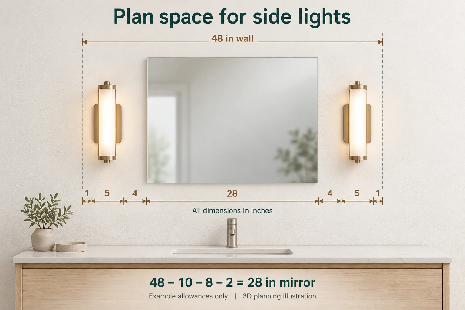 3D side-sconce planning example showing a 48 inch wall, 28 inch mirror, two 5 inch fixtures, 4 inch gaps, and 1 inch end clearances