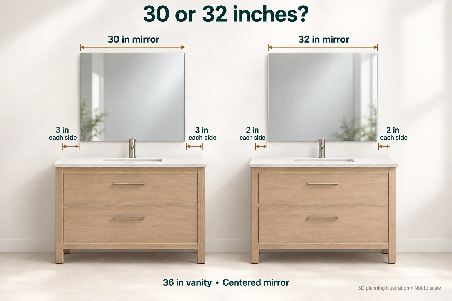 30 and 32 inch outside mirror widths compared above identical 36 inch vanities, showing 3 and 2 inch insets per side