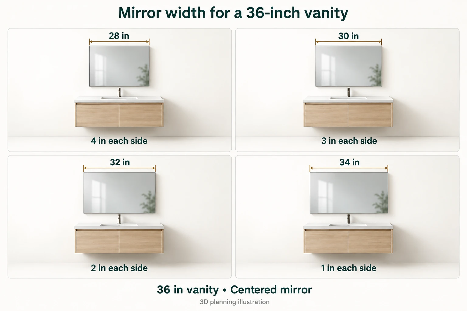 Four 3D planning views illustrating 28, 30, 32 and 34 inch mirrors above identical 36 inch vanities, with 4, 3, 2 and 1 inch visual insets