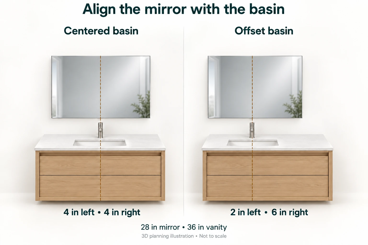 Two planning elevations contrasting a centered basin and mirror with an offset basin and a mirror aligned to it