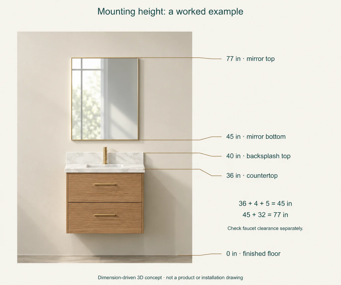 Planning elevation with countertop at 36 inches, backsplash top at 40 inches, mirror bottom at 45 inches and mirror top at 77 inches above finished floor
