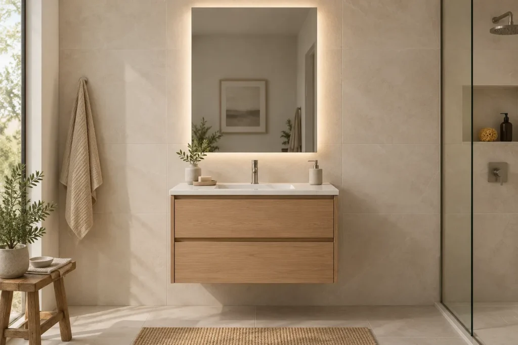 Conceptual 3D bathroom scene with an illuminated rectangular mirror and oak vanity