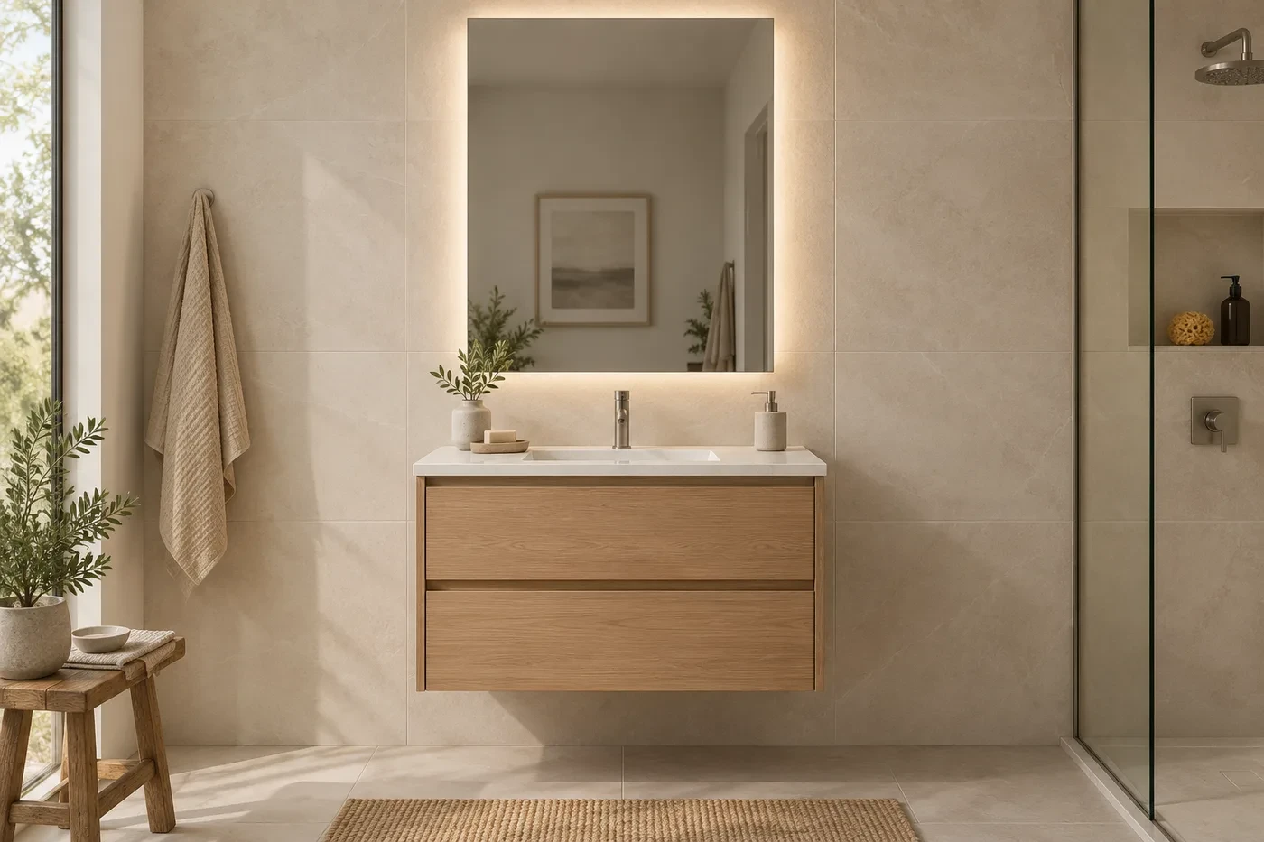 Conceptual 3D bathroom scene with an illuminated rectangular mirror and oak vanity