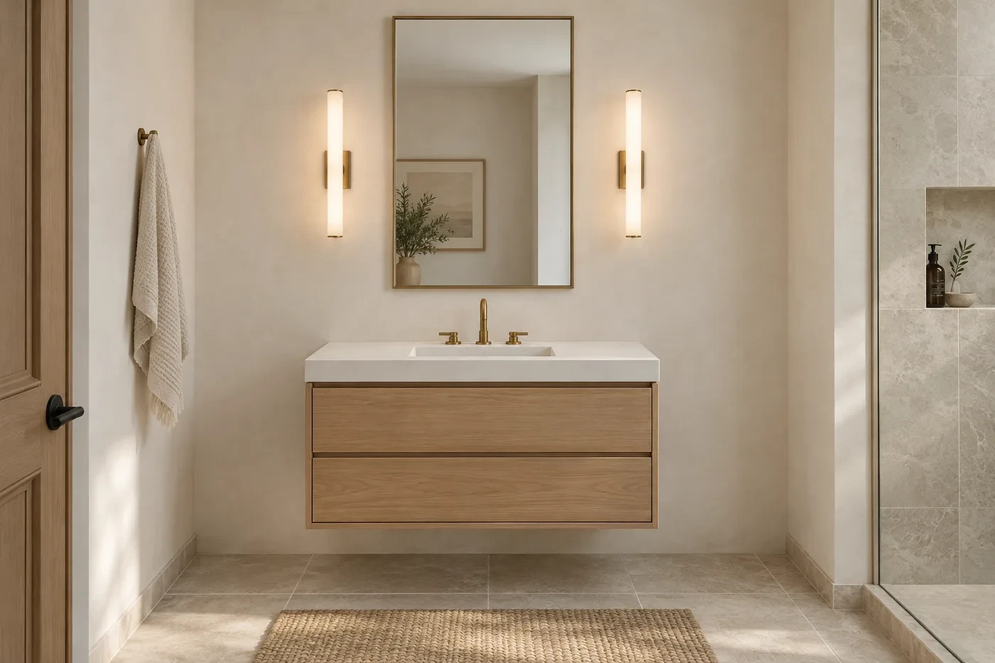 Conceptual 3D bathroom rendering with a narrow framed mirror and two separate wall sconces