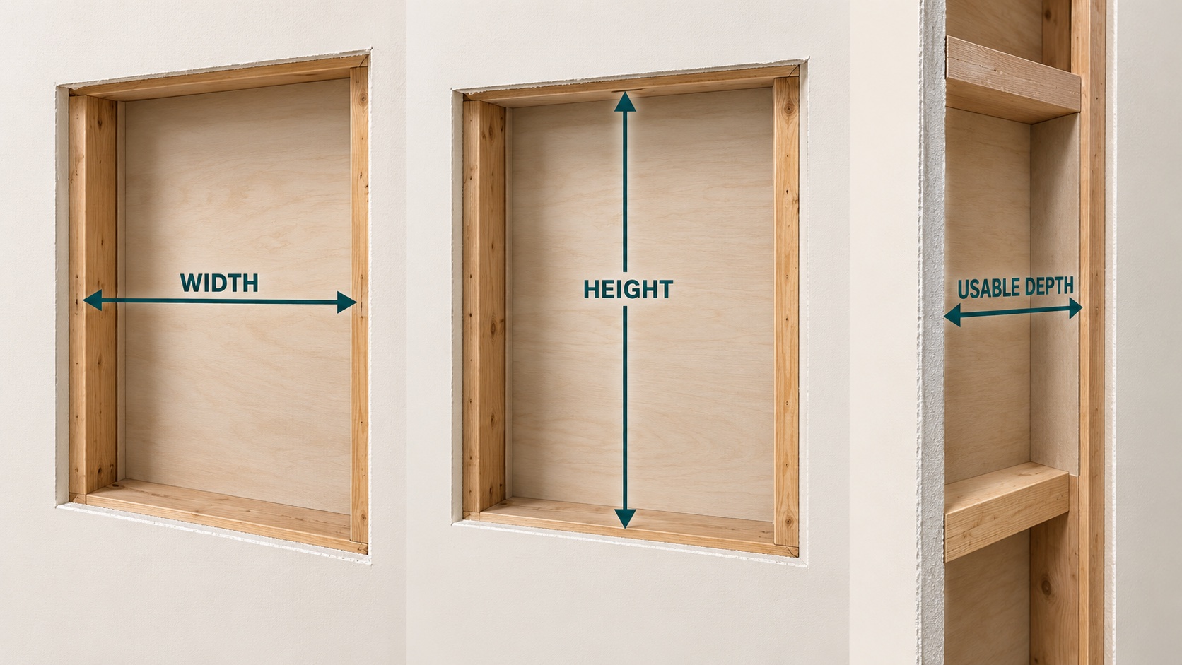 Three conceptual views showing where to measure the opening width, opening height, and usable wall depth